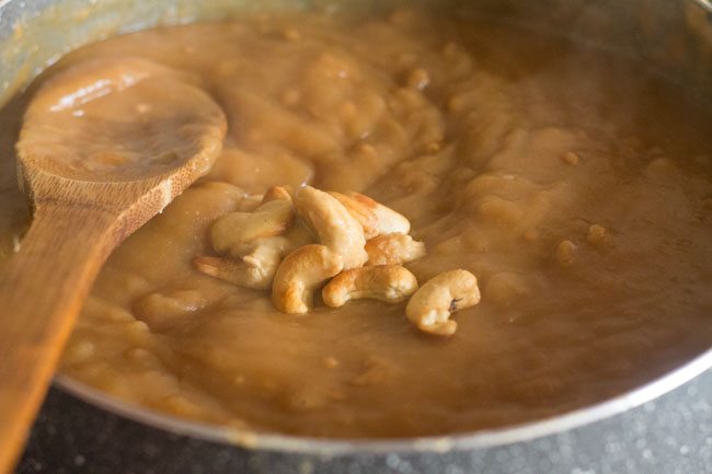 fried cashews added to halwa mixture. 