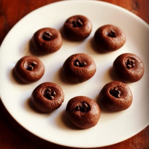 chocolate sandesh garnished with chocolate chips and served on a white plate.