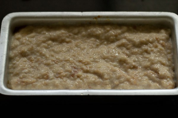 mashed bread mixture in pan.