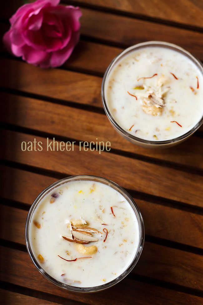 oats payasam garnished with chopped almonds and served in 2 glass bowls with text layovers.