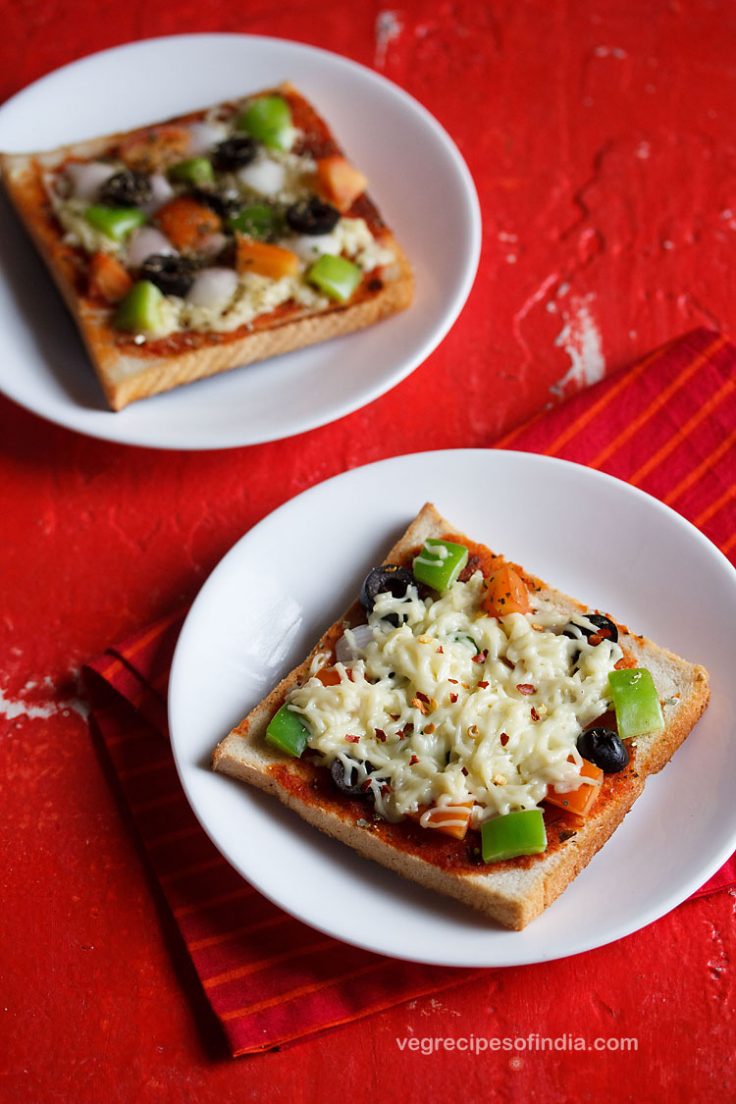 Bread Pizza - 2 Ways (Bread Pizza on a Skillet or Tawa & In an Oven)