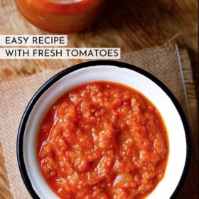 overhead shot of homemade marinara in a white bowl with a black rim on a piece of burlap with text layovers.