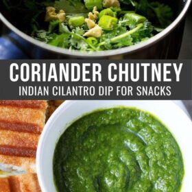 collage of cilantro chutney ingredients in a blender and green coriander chutney in bowl with a text layover