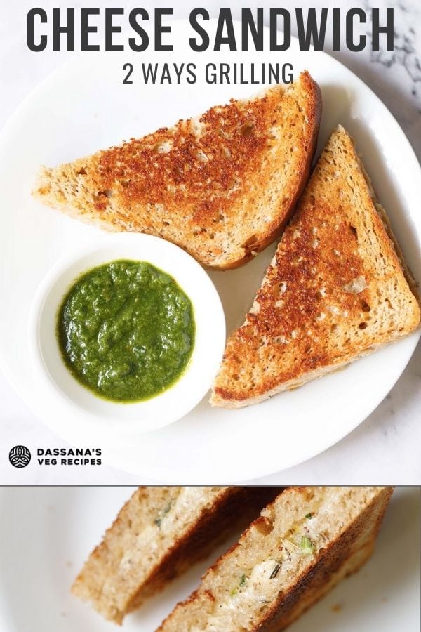 overhead shot of cheese sandwich triangle slices with cilantro dip on a white plate