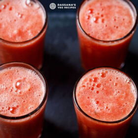 four tall clear glasses filled with watermelon juice on a black background with text layovers