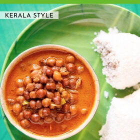 overhead shot of kadala curry in a green bowl on a green plate with two puttu by the side with text layovers