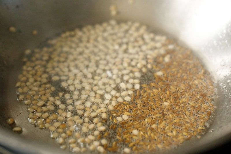 urad dal and cumin seeds added to oil.