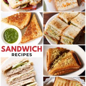 collage of various sandwiches with text layovers.