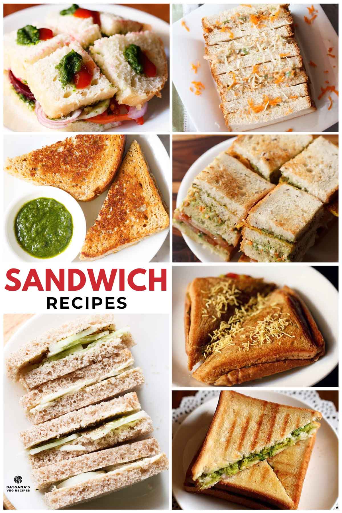 collage of various sandwiches with text layovers.