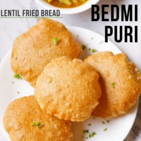 bedmi puri on a white plate with text layovers.