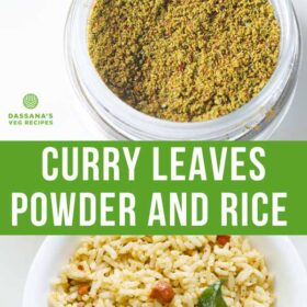 collage of curry leaves powder in a jar and curry leaves rice on a plate with text layovers.