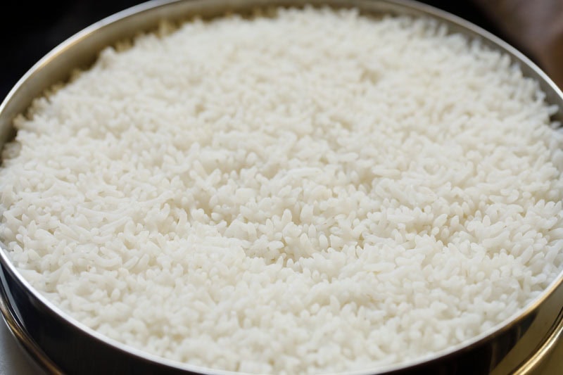 cooked rice in a pan.