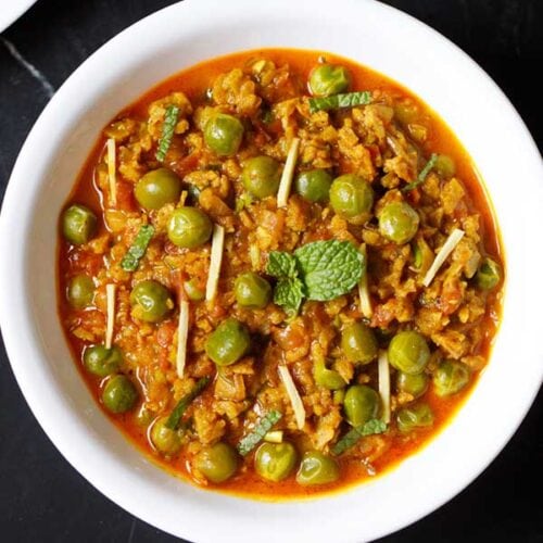 overhead shot of soya keema in a white bowl.