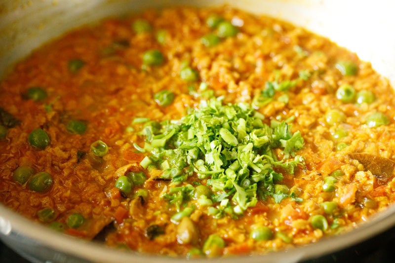 chopped coriander leaves on the cooked soya keema.