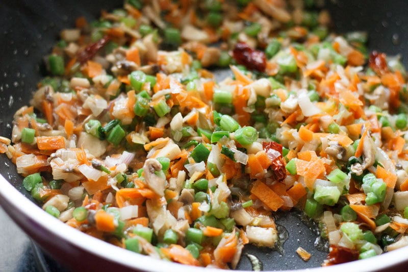 chopped mushrooms chopped carrot and chopped celery added to pan.