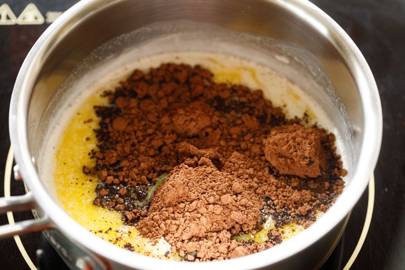 cocoa powder added to hot water for making cocoa solution. 